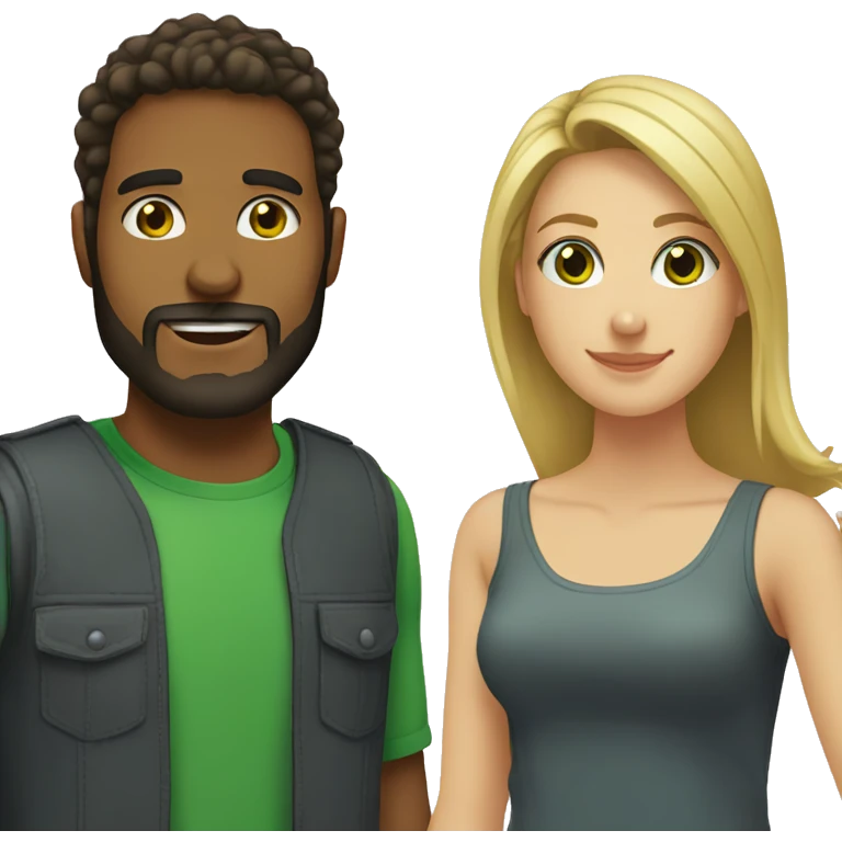 brunette 25 year old male with beard with green eyed blonde 25 year old woman emoji