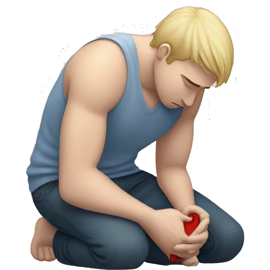 A white-skinned man kneeling and crying, trying to mend his girlfriend's broken heart. The heart is a broken emoji heart, highlighting the emotional scene. emoji