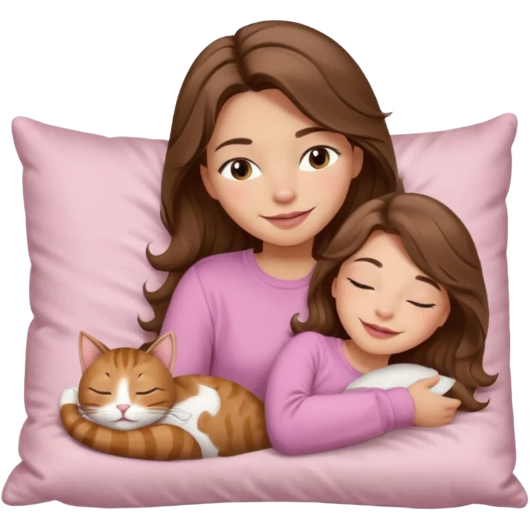 girl with wavy long brown hair, brown eyes, light to medium complexion, long lashes, light pink lipstick, smiling, wearing light pink shirt, sleeping on a cozy pillow, with brown tabby cat  emoji