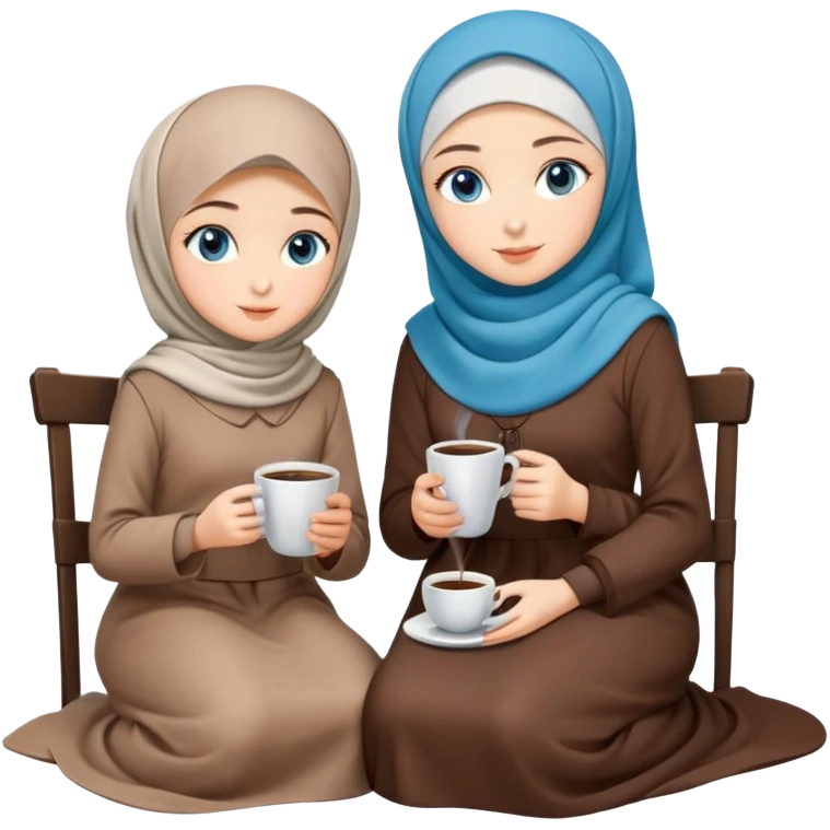 Turkish beautiful finish Konya girls blue eyes with Coffee design Beauty hijab long tail dress and the two friends sits on the chair on the ground and holds cup coffe with her hand  emoji