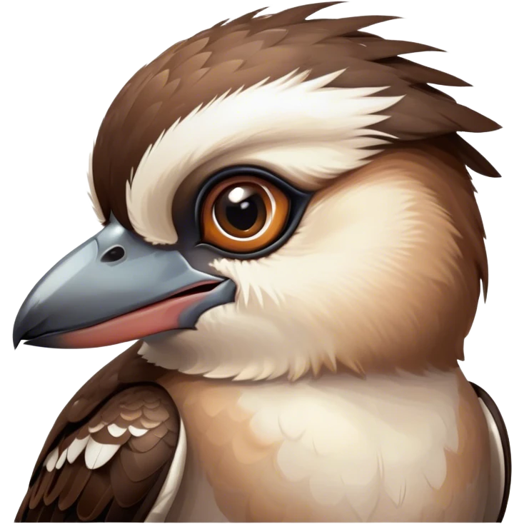 Cinematic Cute Kookaburra Portrait Emoji, Head tilted playfully and inquisitively, featuring a glossy brown plumage with subtle cream accents and a perky, expressive beak, round, sparkling eyes filled with curious mirth, Simplified yet irresistibly adorable features, highly detailed, glowing with a warm, friendly glow, high shine, affectionate and spirited, stylized with a touch of bushland whimsy, bright and endearing, soft glowing outline, capturing the essence of a mischievous yet loving kookaburra, so playful it feels like it could chuckle out of the screen into your arms! emoji