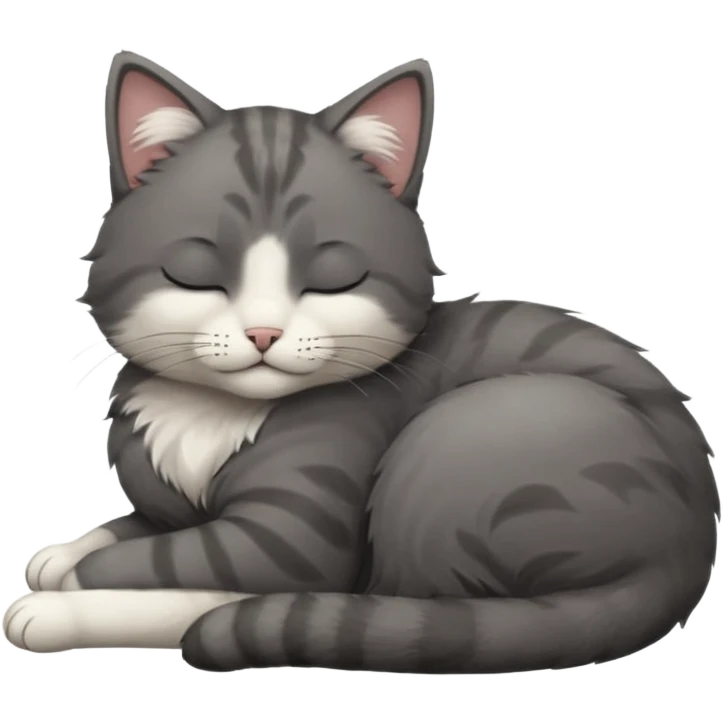 dark grey and white small cat with closed eyes, leaning his head on his paw while leaning on his elbow lying down emoji