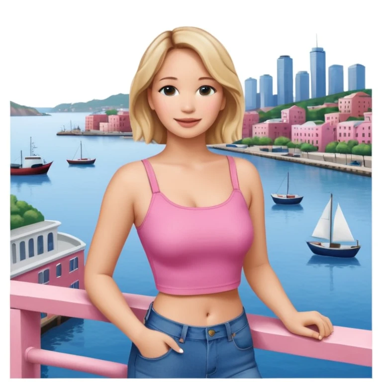 jennifer lawrence, pink crop top, and blue jeans, leaning on a balcony with a harbor and cityscape in the background, smiling emoji