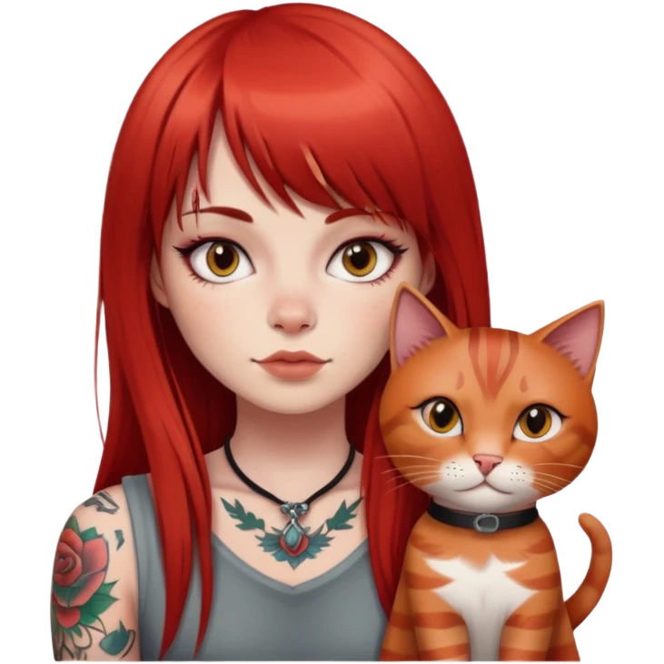 girl with long red  straight bangs hair and tattoos and a grey-shared cat emoji