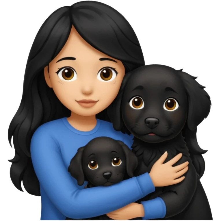 a girl with long, wavy black hair hugging a black Labrador with black fur a emoji