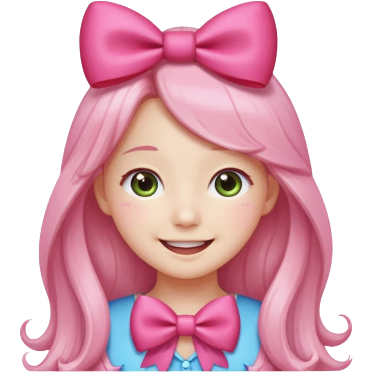 wonyoung as an apple-style emoji, smiling with sparkling eyes, long hair, pink bow emoji