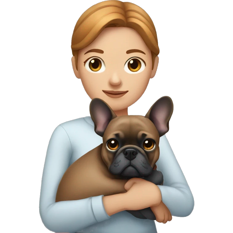 caramel hair woman with dark eyes hugging dark gray french bulldog emoji