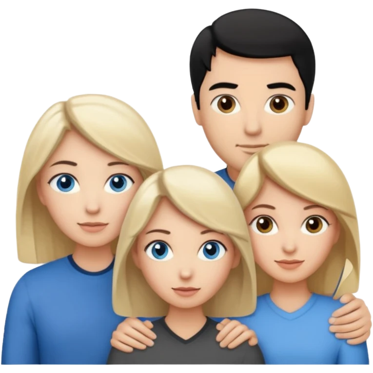 3 people. Throuple. Blank woman with blond hair and blue eye color on left. And also a blank man with black hair and grey eye color in the middle. And a blank woman with brown hair and grey eye color on the right. Holding each other emoji