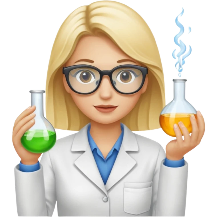 Eine hellblonde Chemikerin mit Kittel, großer Labor-Sicherheitsbrille und typischem Erlmeyerkolben in der Hand emoji