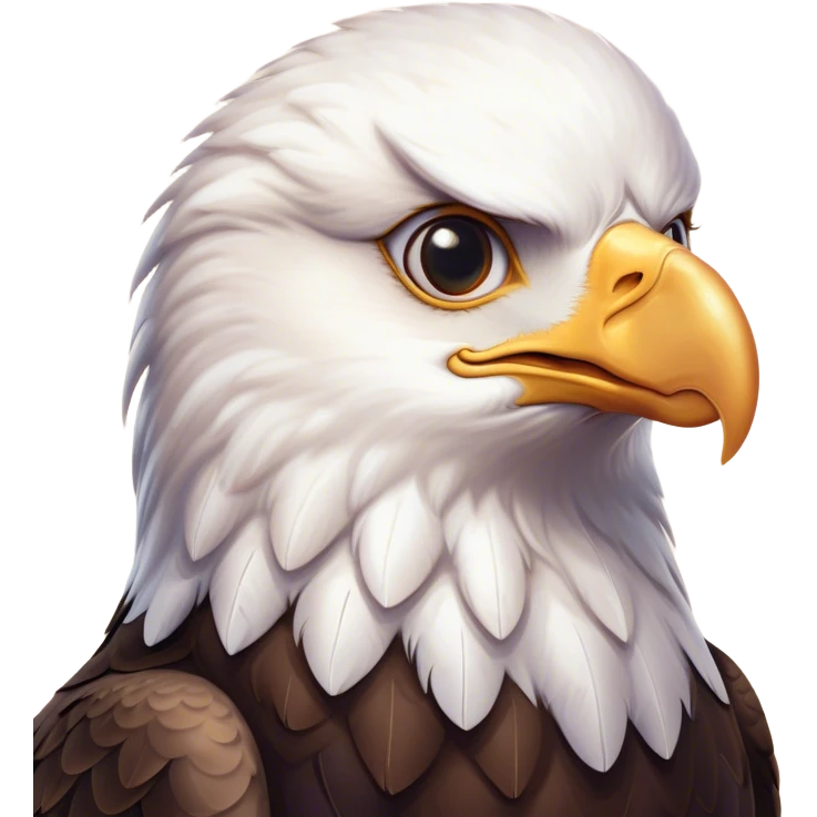 Cinematic Cute American Eagle Portrait Emoji, Head tilted playfully and inquisitively, featuring a streamlined form with a subtle blend of dark and white plumage and round, sparkling eyes full of spirited charm, Simplified yet irresistibly adorable features, highly detailed, glowing with a warm, inviting glow, high shine, affectionate and lively, stylized with a touch of whimsical aerial grace, soft glowing outline, capturing the essence of a mischievous yet endearing American eagle that seems as if it could glide out of the screen into your heart! emoji