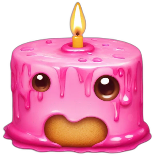 Pink small cake with candle, and two eyes in the glaze, two teeth crawling out from under the glaze emoji