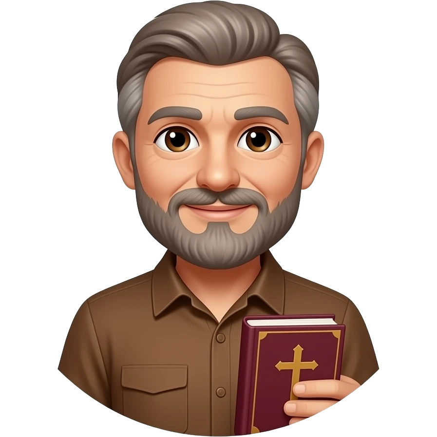 wise old man with grey brown hair brown shirt slight smile brown eyes beard with burgundy book that has a cross on it no circle emoji