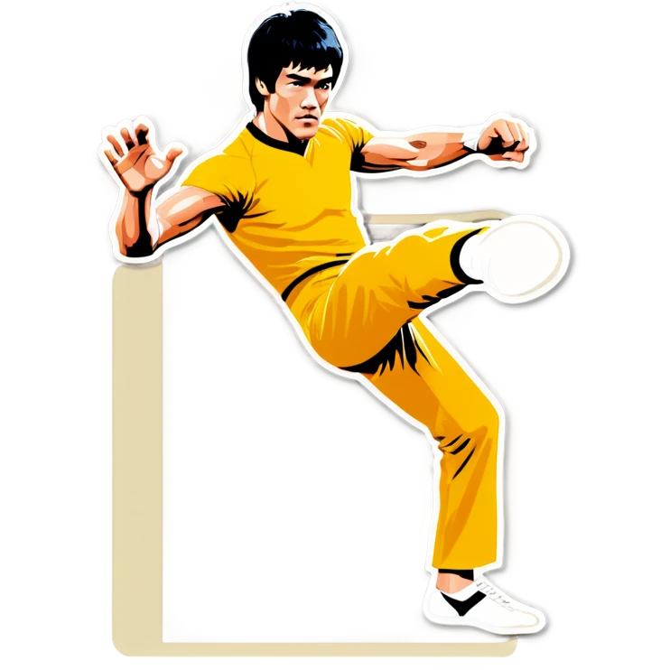 Bruce Lee in a kick pose with hand day STOP emoji
