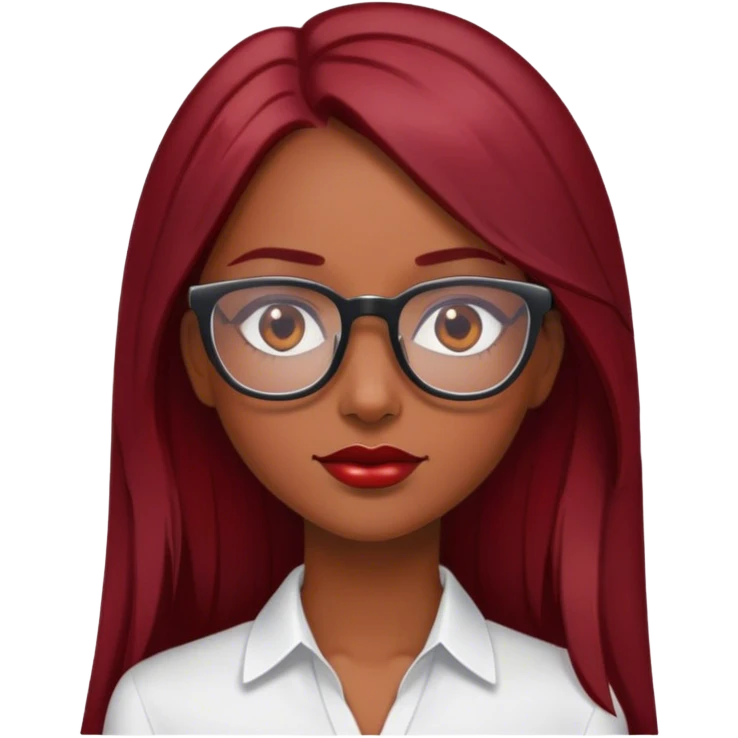 Garota linda, parda, cabelos longos e lisos, cabelos de cor "dark red cherry" blusinha branca e óculos de grau emoji