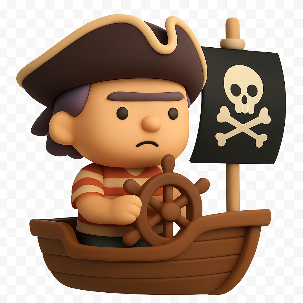 An adorable little pirate with a tricorn hat and striped shirt at the helm of a small pirate ship emoji