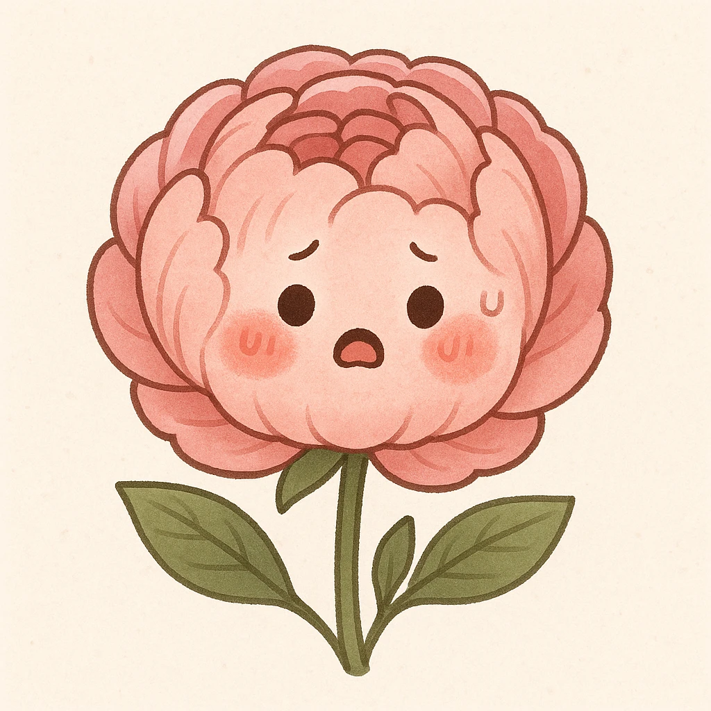 A cute, round pink peony flower with rosy cheeks and a nervous expression, in general style. emoji