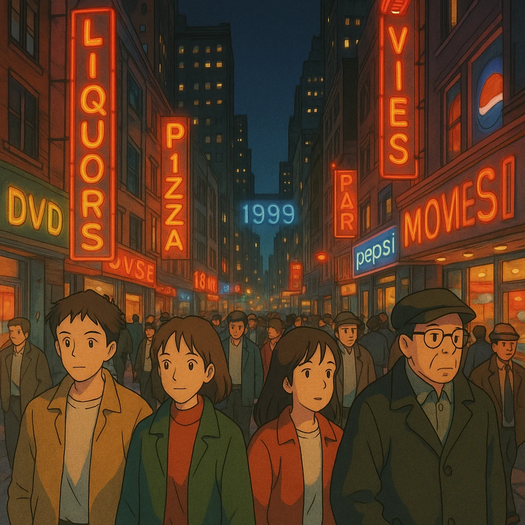 street scene in New York, 1999, people walking, neon lights emoji