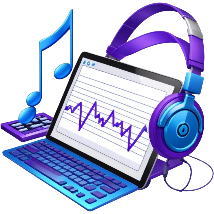Create a creative and inspiring emoji that represents writing music tracks. The design should feature musical notes, a pen or pencil, and a digital audio workstation (DAW) interface or a computer screen with a visible waveform, symbolizing the process of composing and arranging a track. Add elements like a metronome or a pair of headphones to reflect the recording and editing aspects. Use vibrant colors like electric blue, purple, or neon green to represent creativity and innovation in music production. The background should be transparent. emoji