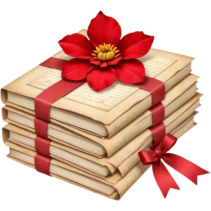A beautifully arranged Stack of aged letters, tied with a red ribbon, envelopes, corespondence, aesthetic, red flower petals around, mail emoji
