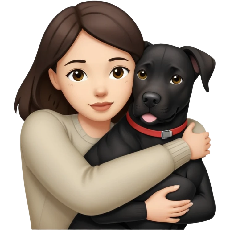 Brunette hugging a big black labrador/american staffordshire dog emoji