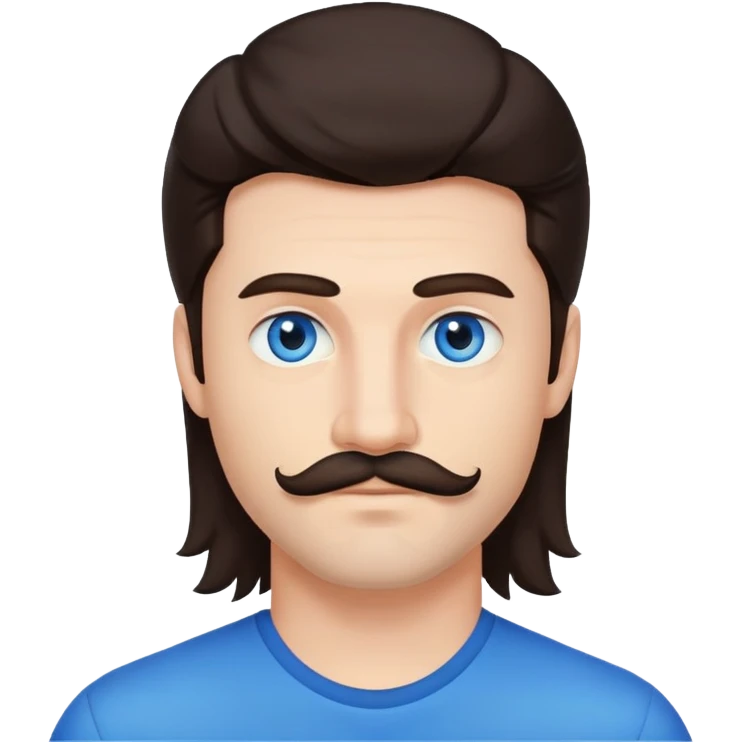 28 Year old man, dark brown mullet moustache and blue eye emoji