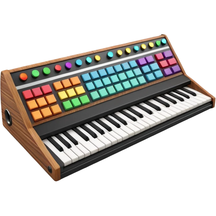 3D render of Synthesizer, vintage 1980s audio equipment aesthetic, tactile analog buttons, black matte keys with colorful rainbow slider knobs, mixed wood grain and brushed aluminum textures, Apple emoji style, isolated on white background --v 6.0 emoji