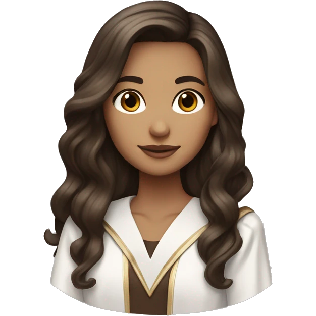 Brunette girl with long voluminous dark brown hair  dark brown eyes with blonde highlights balayage and graduation outfit emoji
