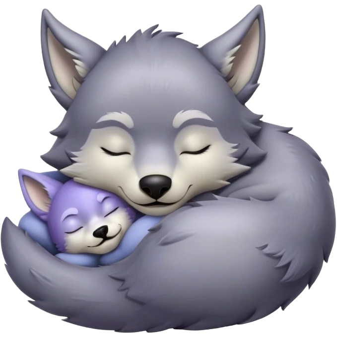Meme-Worthy Cute Sleeping Werewolf Portrait Emoji, with a cuddly, miniature lupine form in soft moonlit grays and silvers, head resting peacefully with gently closed dreamy eyes and a small, content smile, simplified yet irresistibly endearing, highly detailed with a soft glowing outline that captures the cozy, sleepy essence of a werewolf after frolicking under the full moon! emoji
