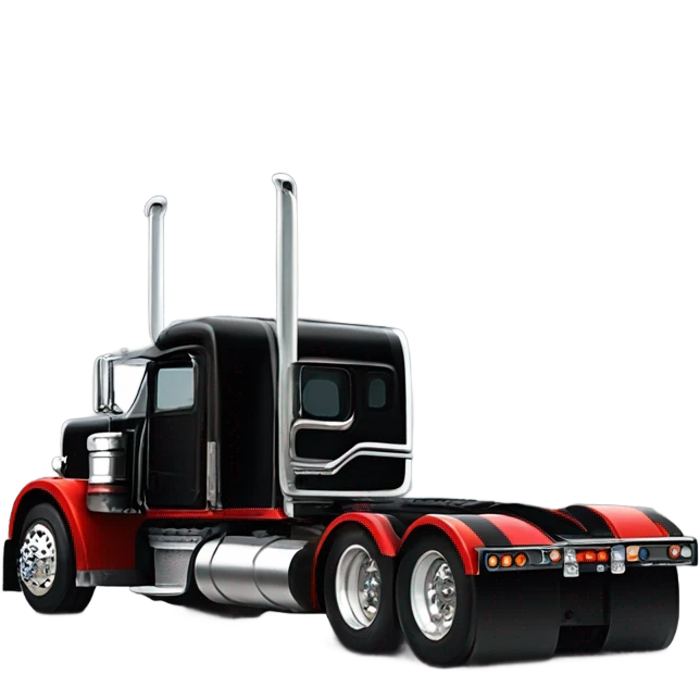 Peterbilt 389 stretch black with red frame with flat top and slash cut exhaust stacks and dual rear tires and flat bumper emoji