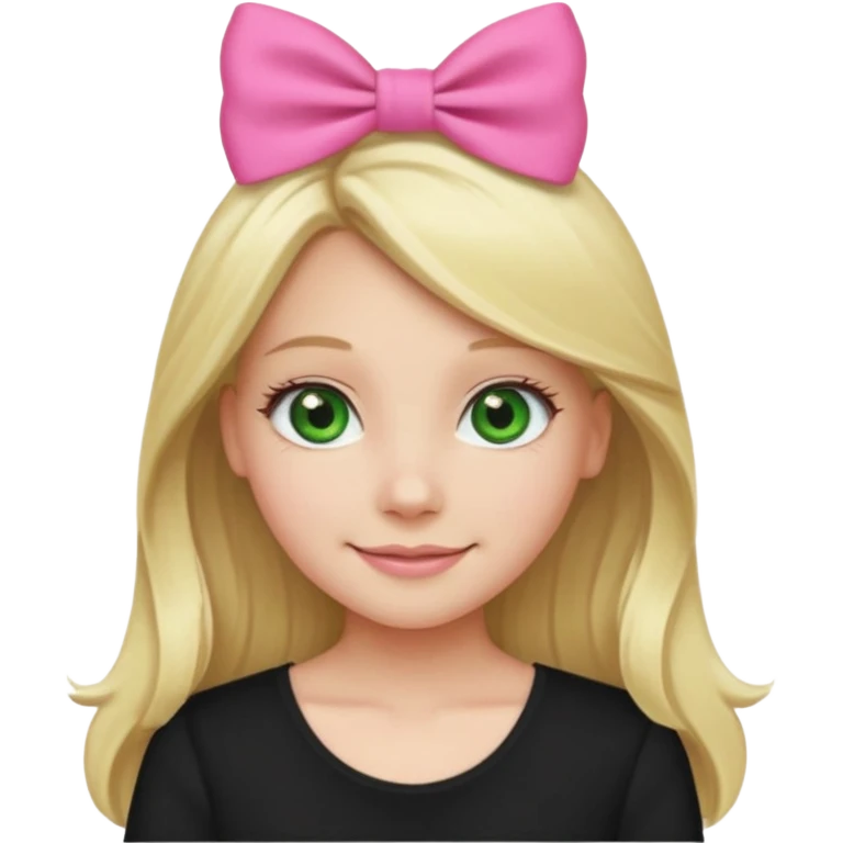 blonde girl middle part long hair , pink bow in hair, plain black top, green eyes. emoji