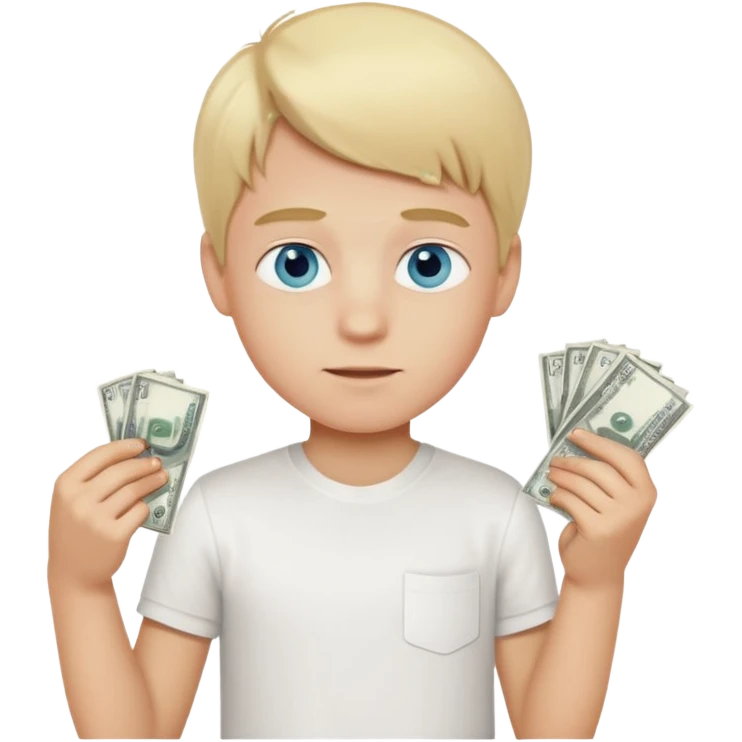blonde boy, blue eyes, white shirt, holding money emoji