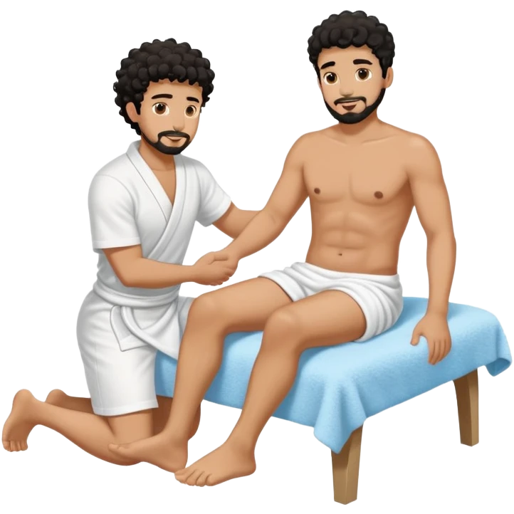 Sehr Gebräunter ausgezogrner Mann nur mit handtuch um den unterkörper (araber mit schwarzen locken und ziegenbart) bekommt fußmassage von einem anderen mann emoji