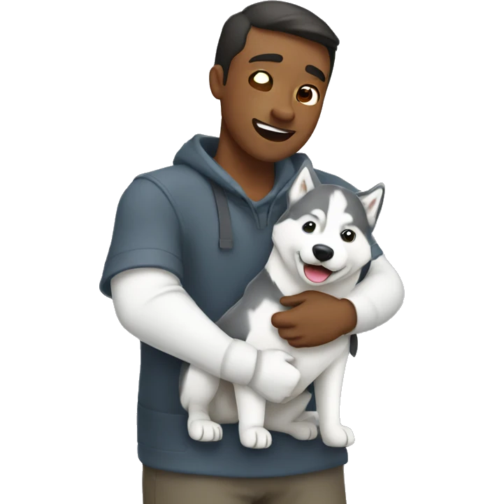 A man hugs a white and gray husky emoji