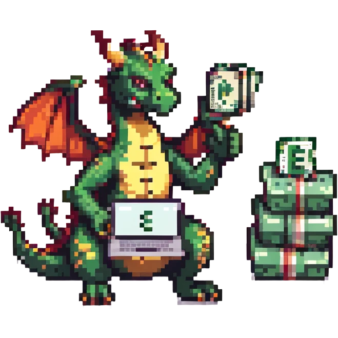 A dragon with a laptop and a stack of money emoji