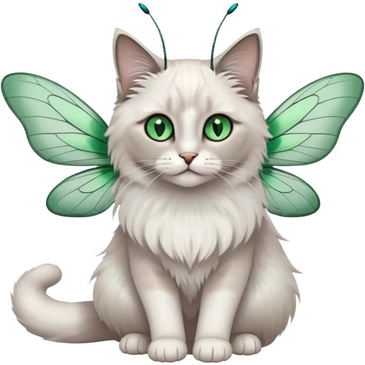 White and gray ragdoll Cat with dragonfly wings antennae green eyes emoji