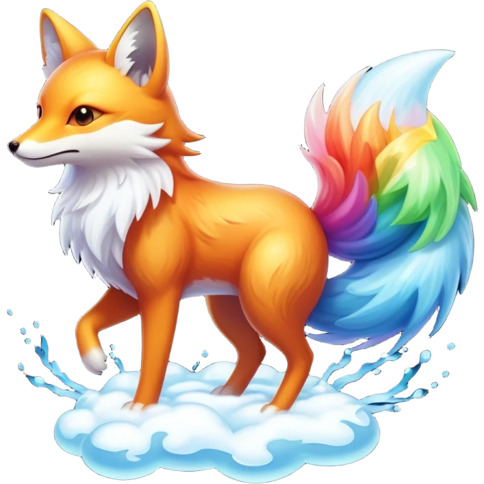 A cloud-dwelling creature made of vapor and static electricity, shaped like a winged fox that leaves rainbow trails as it flies and can condense parts of itself into water or ice projectiles. emoji