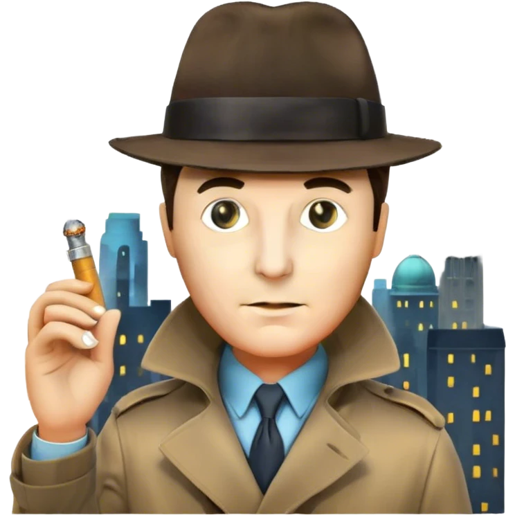 Icon for Detective Movies: A colorful collage featuring iconic detective elements—magnifying glass, a fedora hat, a cigarette, a shadowy figure, and a mysterious city backdrop. Include subtle clues like fingerprints or a crime scene. Retro movie poster style. Transparent background. emoji