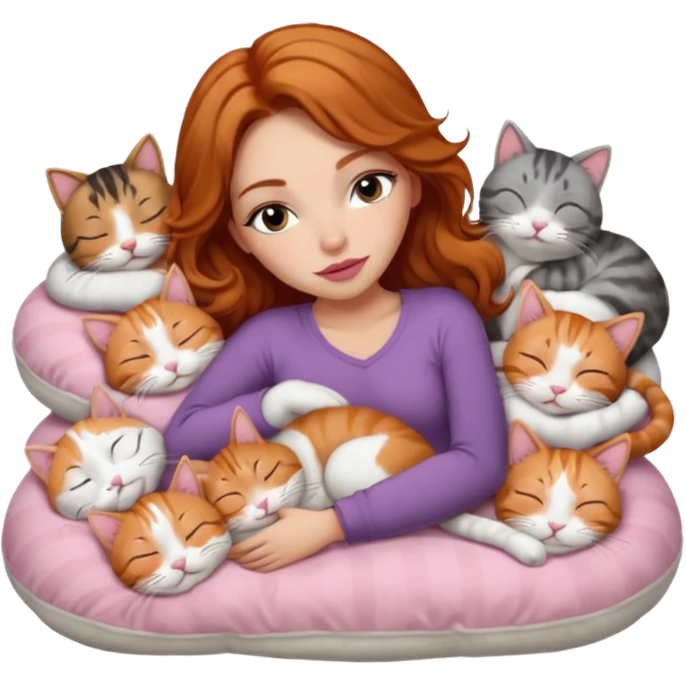 girl with long wavy brown hair, long lashes makeup, sexy pink lips, light to medium complexion,  sleeping on a cozy pillow, with 6 cats: 1 ginger/white, 1 grey with white paws, 1 calico, 2 grey and white and one tabby and white emoji