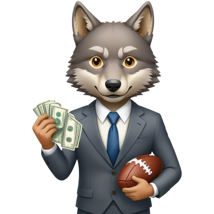 Wolf in business suit holding football and money, Wall Street wolf emoji