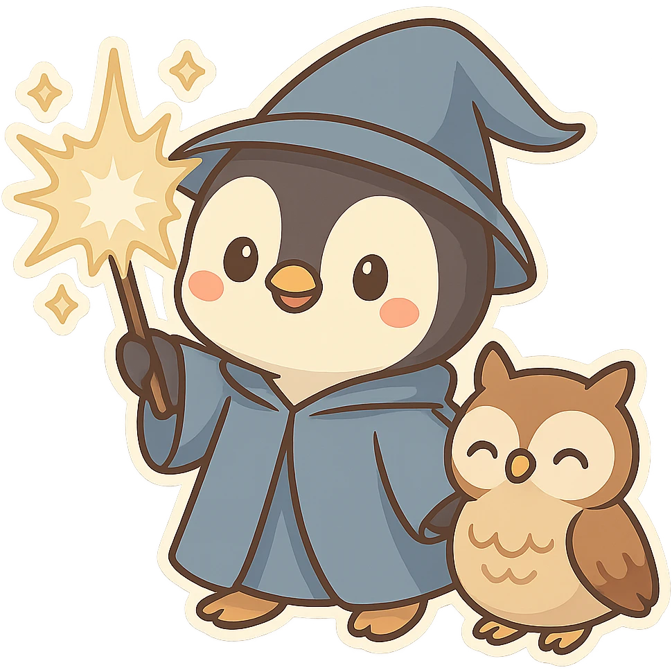 Add a cute pet owl next to the penguin wizard, keeping the whimsical chibi sticker style, with no background. emoji