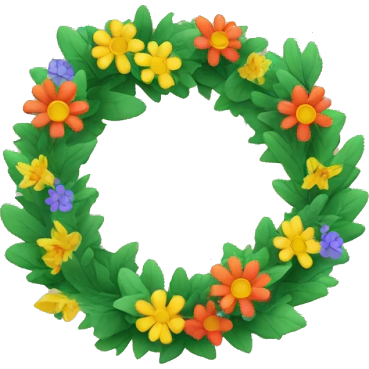 Create an image wreath of colourful flowers and green oak leaves in style of iOS emoji emoji