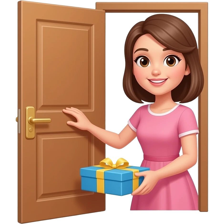 pretty woman with pink dress opening a door to pick up her package emoji