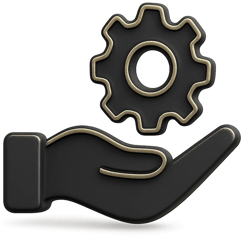 an icon representing services, such as a hand holding a gear, a handshake, or a support headset in 3D black style emoji