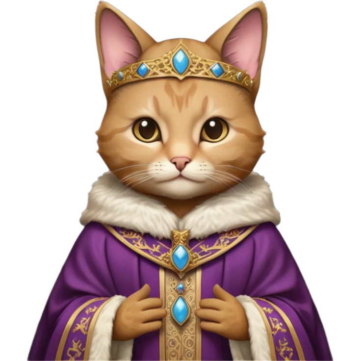 “Half-body humanoid figure with a realistic cat face, wearing ornate bishop robes and a mitre, dark gothic background, dramatic lighting, emoji