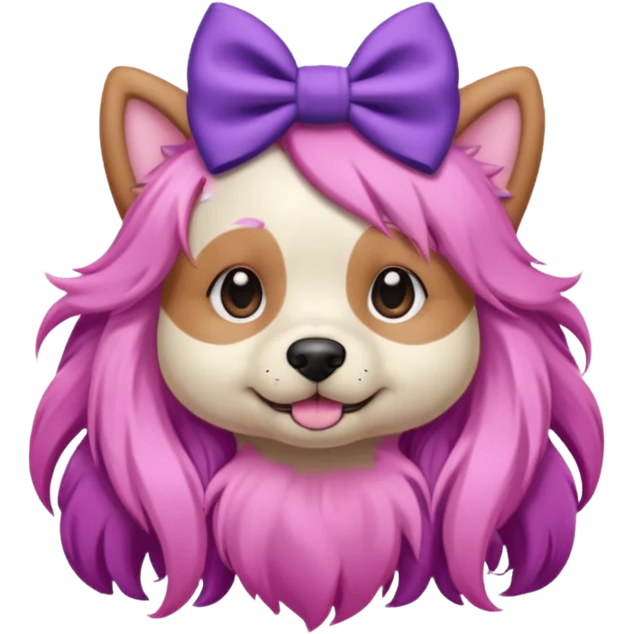 dog with pink long hair and purple bow on head emoji