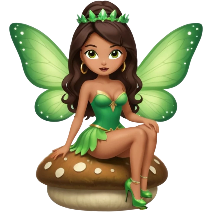 A sexy, super pretty bratz girl with caramel skin. Huge tits. Dark brown hair and brown eyes. She has freckles. Wearing sexy makeup. Wearing a green fairy costume and heels and flying nsfw sitting on a mushroom emoji