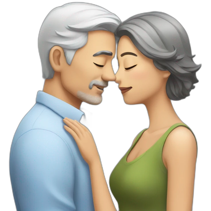 Man with gray hair kisses woman with dark brown hair emoji