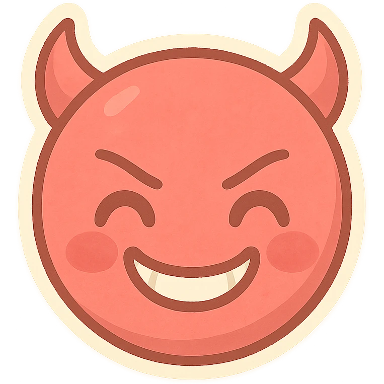 devil emoji, classic red, small horns, mischievous grin, cartoon style, pastel palette emoji