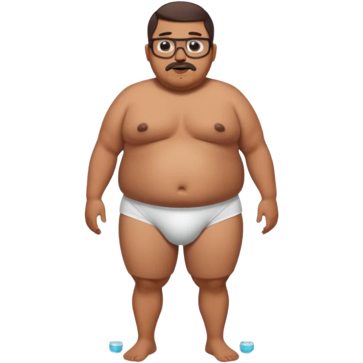 A full body standing, morbidly obese, fat, shirtless tanned mexican guy in his white underwear , with a short buzzcut, a beard, and glasses thats drooling  emoji