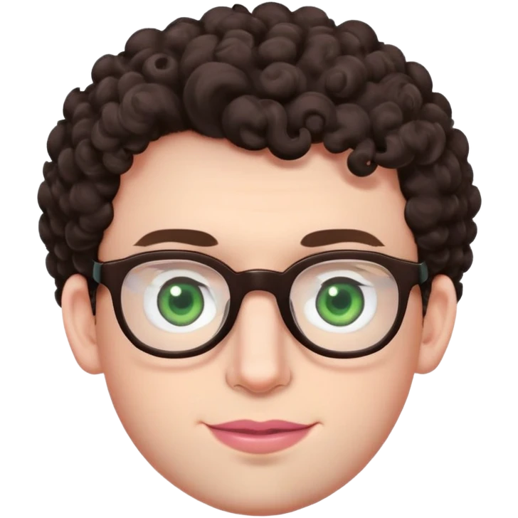 Young man with dark brown curlier poofy hair (same style but more curls), green eyes wearing glasses, wide face with eyes set apart, bigger ears, very pale skin, slightly bigger nose, fuller darker pink lips with a smile, and very light stubble emoji